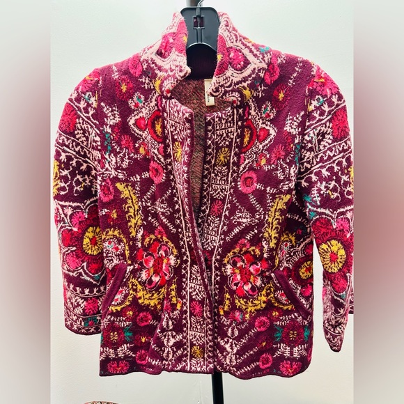 Moth for Anthropologie Berry Multi Floral One-Button, 3/4-Sleeve Cardi, XXS - Picture 3 of 8